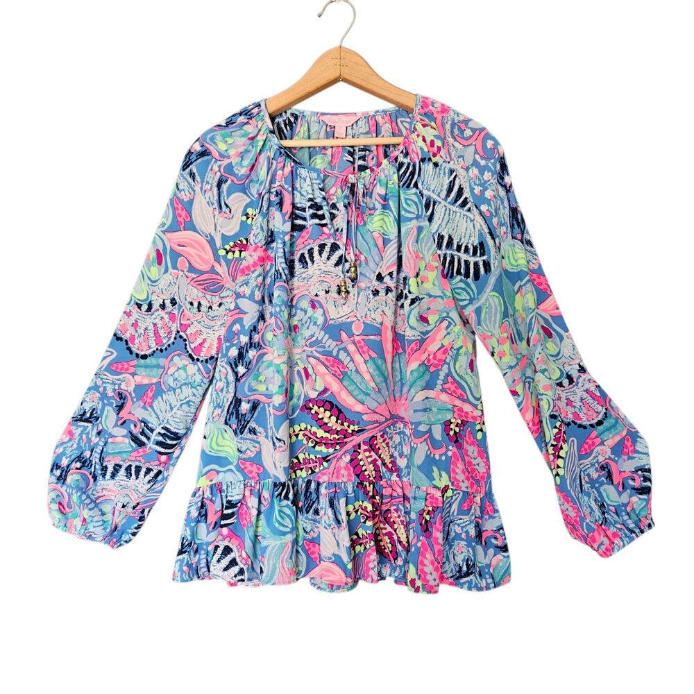 Women's Lilly Pulitzer Tensley Blouse Fantasy Garden Long Sleeve Tropical Small